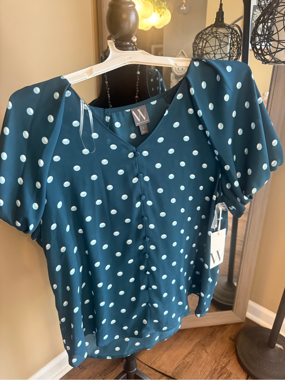 W by Worth Teal Polka Dot Button-Front Blouse